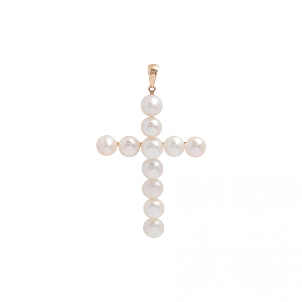 PINGENTE EM OURO AMARELO CRUZ  DE PEROLAS