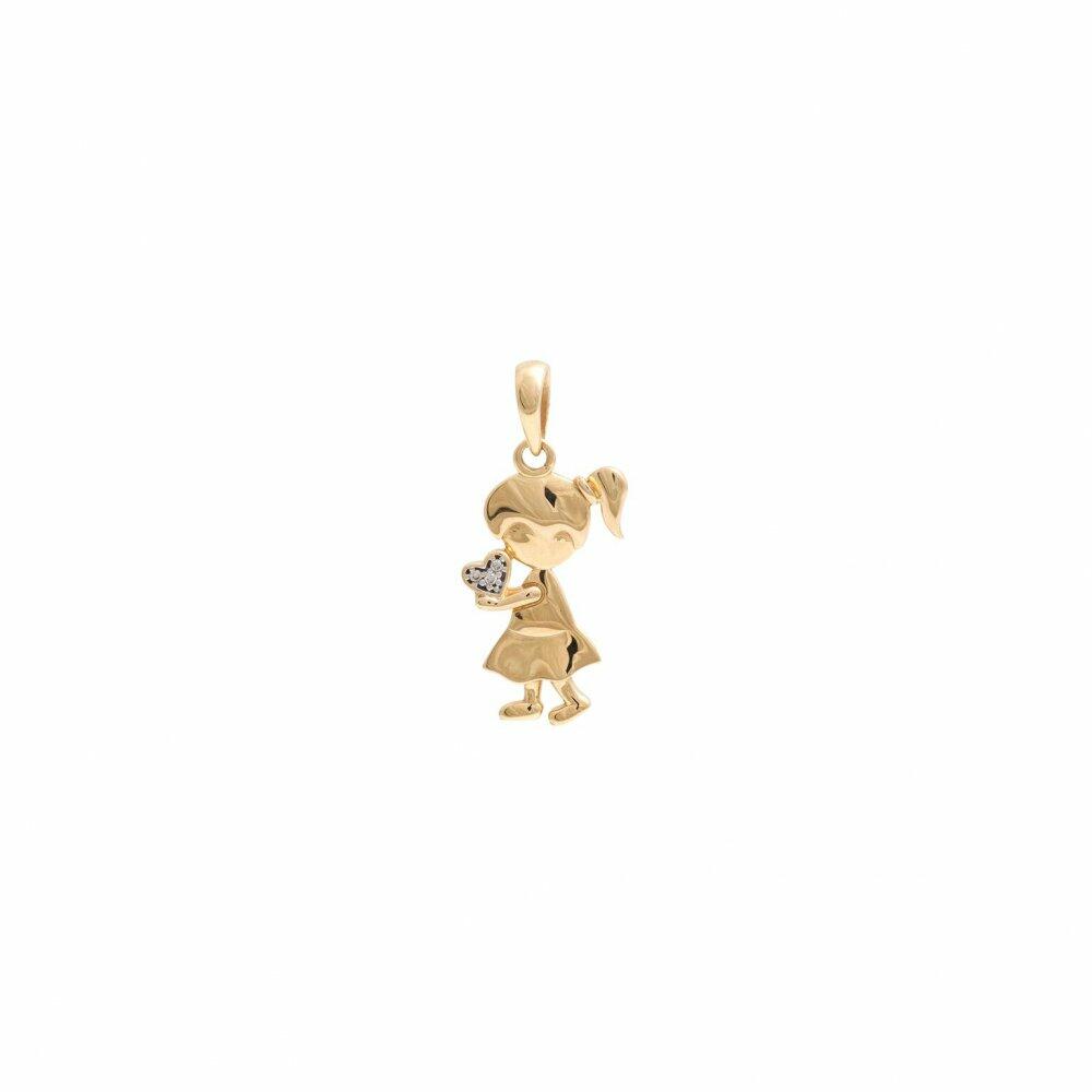 PINGENTE EM OURO AMARELO MENINA COM CORACAO BRILHANTES 0.015ct