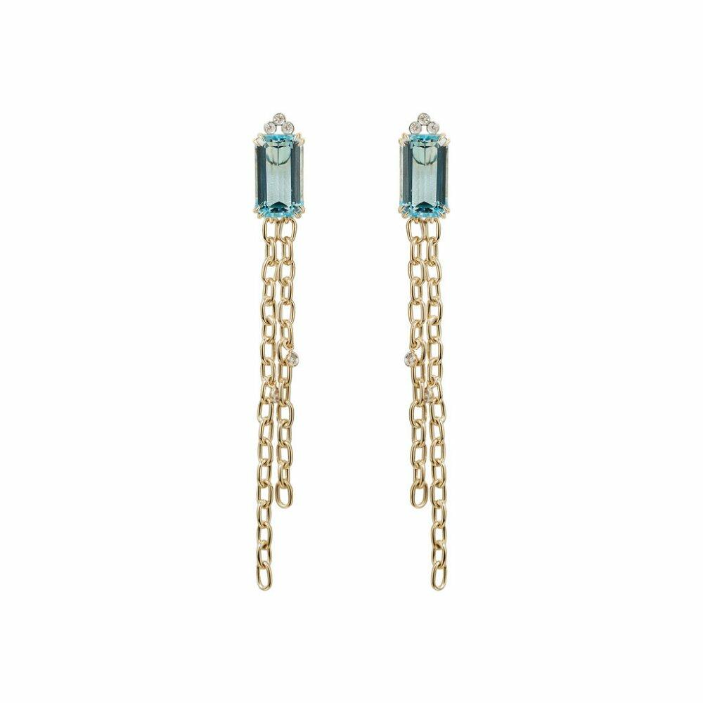 BRINCO EM OURO AMARELO COM TOPAZIO AZUL CORRENTES E BRILHANTES